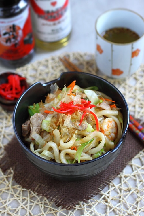 Close up of yaki udon recipe made super easy at home with udon noodles stir-fried..