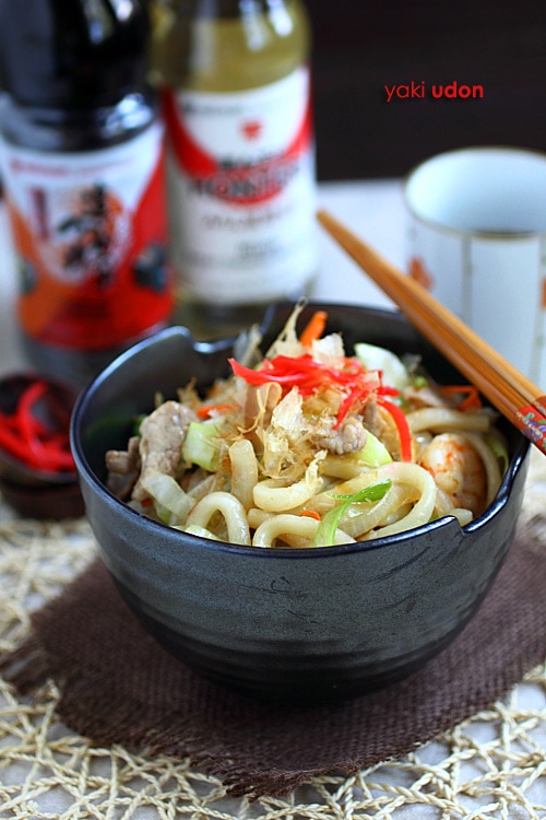Delicious yaki udon made with udon noodles, popular thick Japanese noodles.