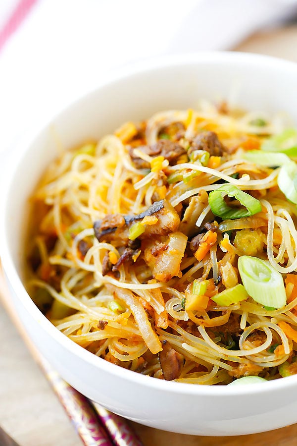 Taiwanese Pumpkin Rice Noodles in a bowl.