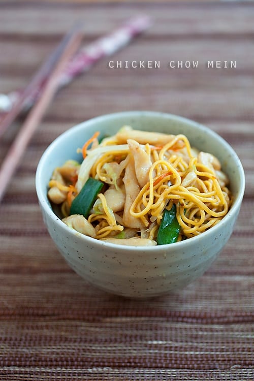 Chicken chow mein with soft egg noodles in a bowl, ready to be served.