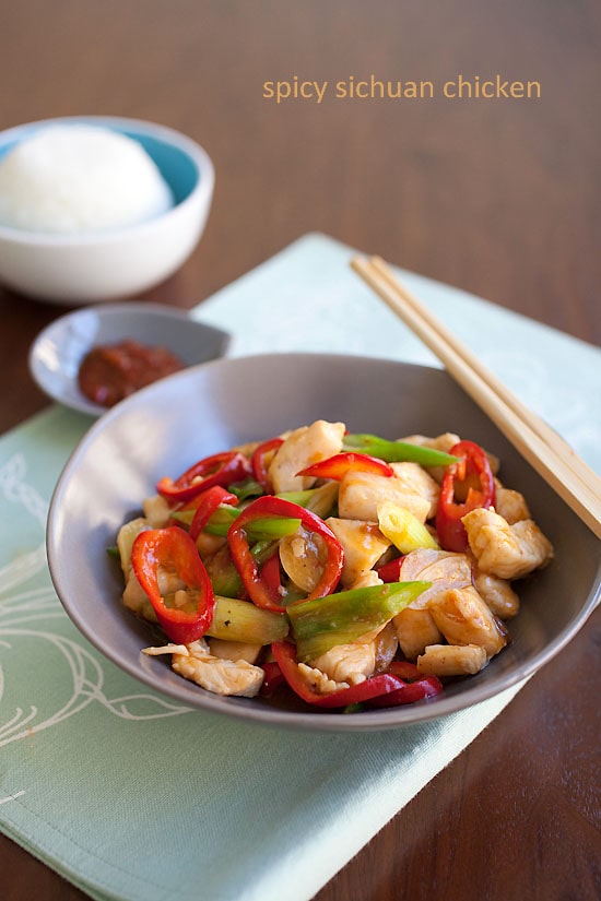 Spicy chicken stir-fry, Taiwanese style in a serving dish.