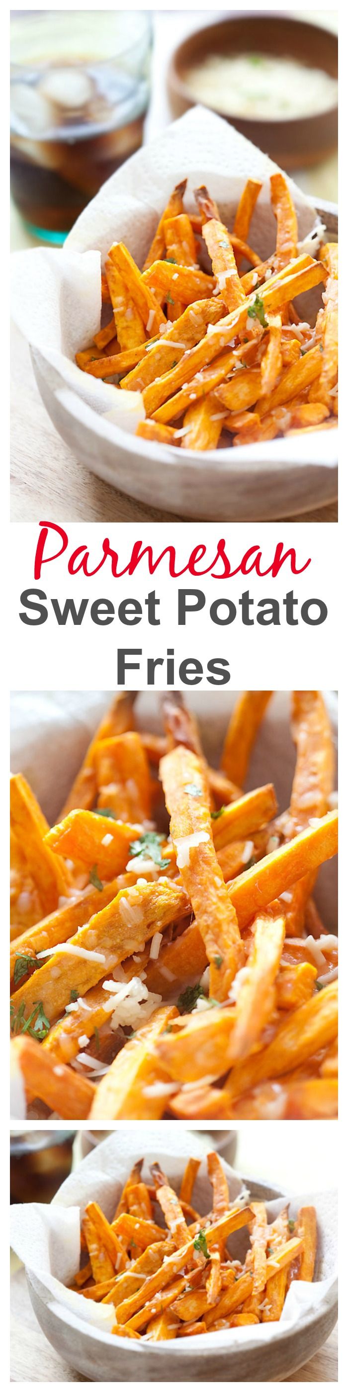 Parmesan Sweet Potato Fries - crispy and cheesy sweet potatoes and topped with Parmesan cheese, perfect side dish and so easy | rasamalaysia.com