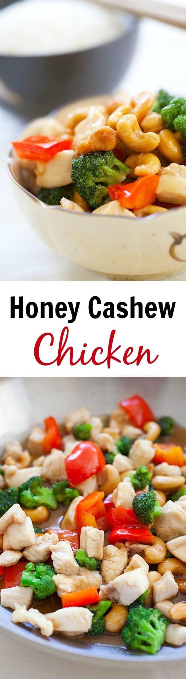 Honey cashew chicken made with chicken and cashew nuts in a savory honey sauce. Easy honey cashew chicken recipe that takes 15 minutes to make | rasamalaysia.com
