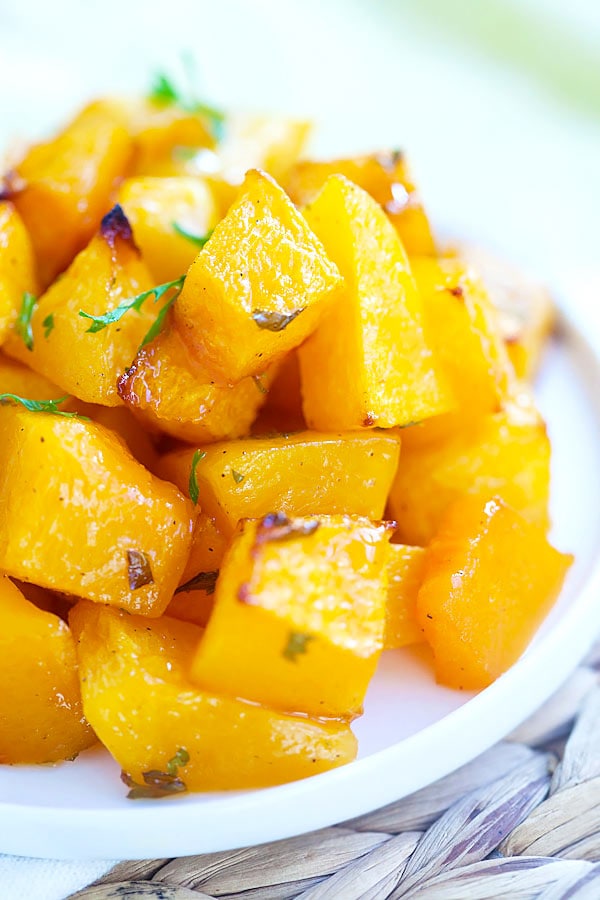 Easy delicious roasted butternut squash recipe with butter and honey.