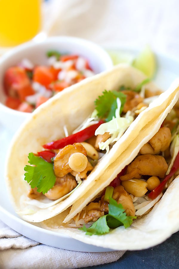 Authentic Kung Pao Chicken Tacos close up.