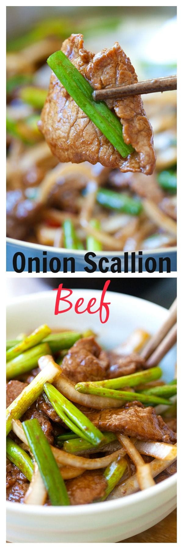 Onion scallion beef – tender beef stir-fry in yummy Chinese brown sauce. Super easy recipe that takes only 20 mins | rasamalaysia.com