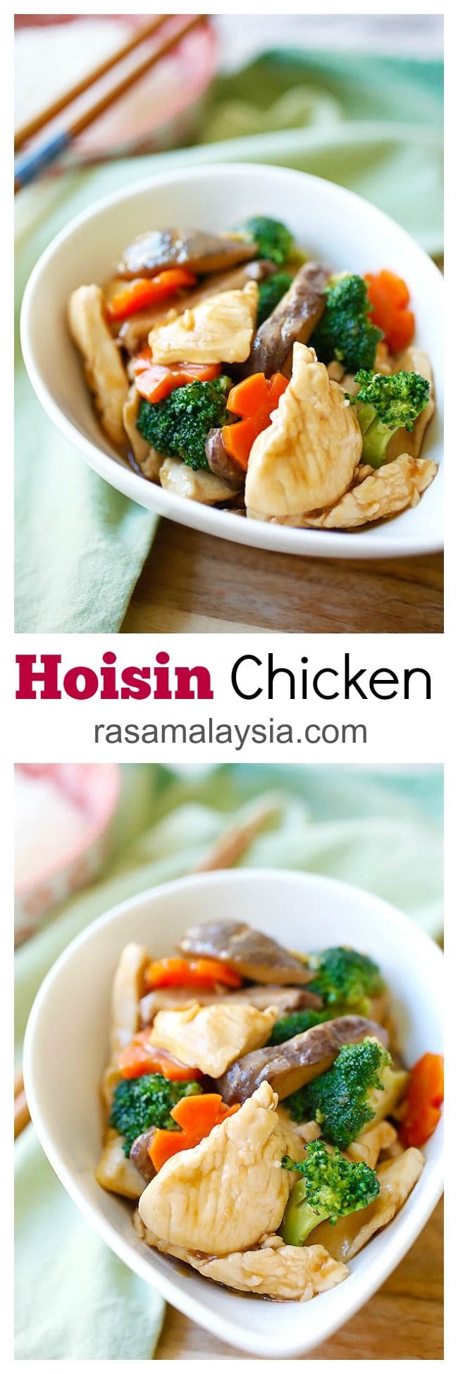 Hoisin chicken – easy chicken stir-fry with vegetables in a savory Hoisin sauce. This recipe takes 20 minutes with easy-to-get store ingredients | rasamalaysia.com