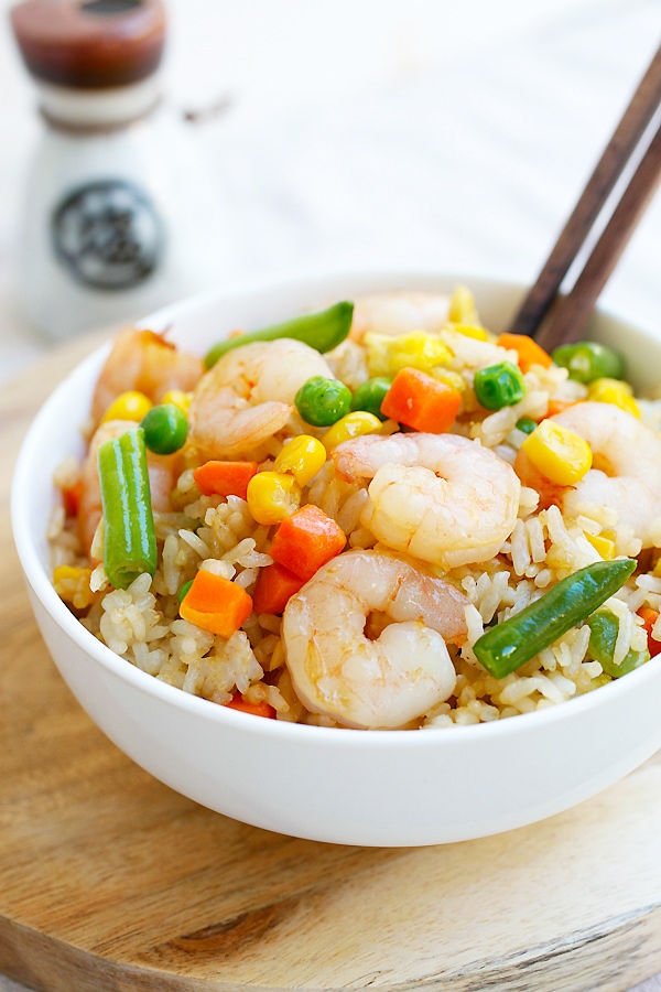 Easy Chinese shrimp fried rice in a bowl.