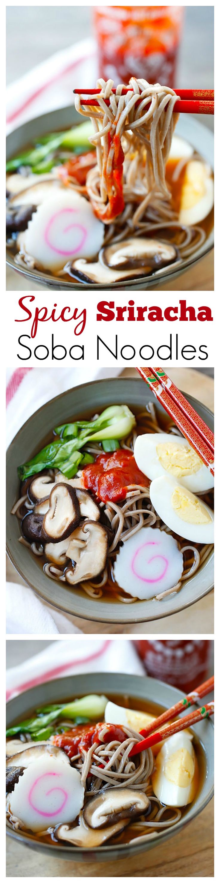 Spicy Sriracha Soba Noodle Soup – the easiest & most delicious noodle soup ever, with spicy Sriracha added to the broth and takes only 15 mins | rasamalaysia.com