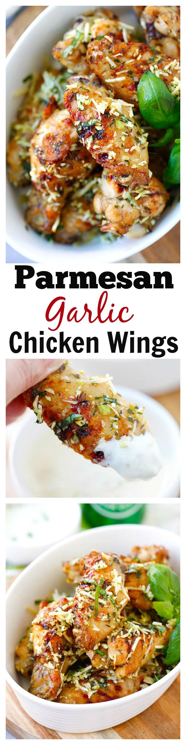 Best and easiest Baked Parmesan Garlic Chicken Wings made with Parmesan, garlic, basil, and spices, with blue cheese mustard dressing. | rasamalaysia.com