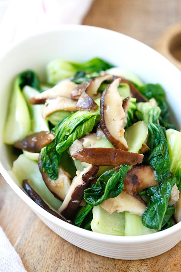 Quick and easy bok choy stir fry with garlic and shiitake mushrooms.