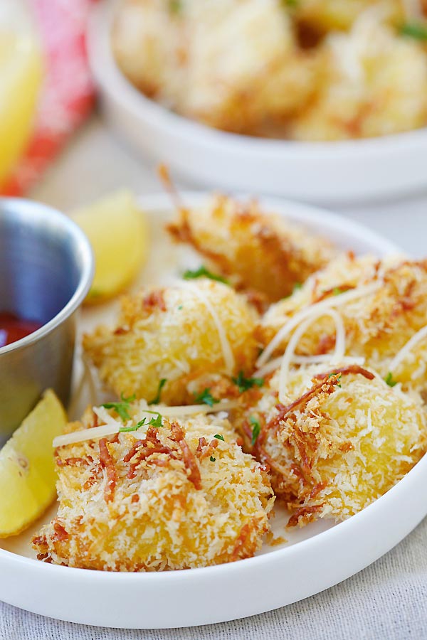 Crispy baked fish nuggets with cod fish with parmesan cheese.