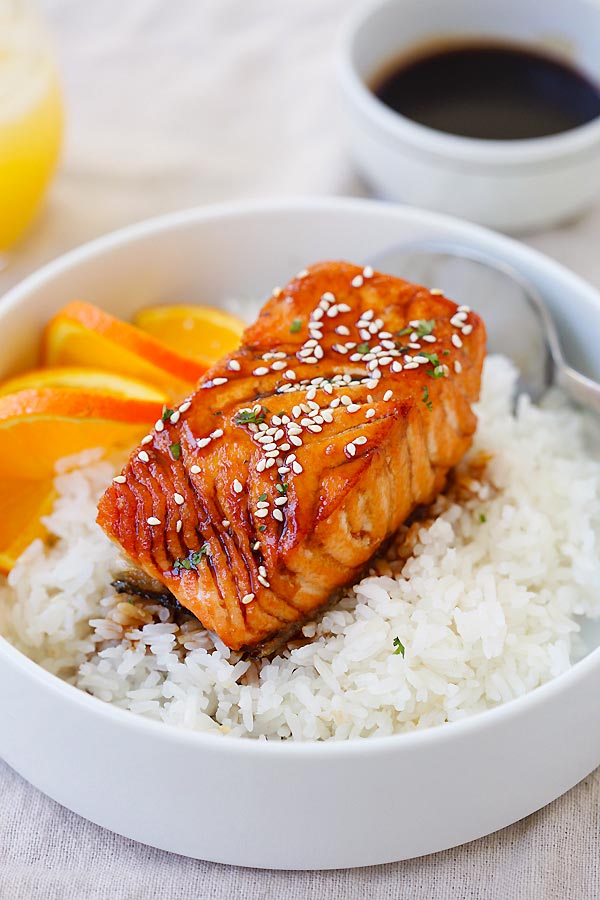 Quick and easy Salmon with Orange Teriyaki Glaze on top of rice.