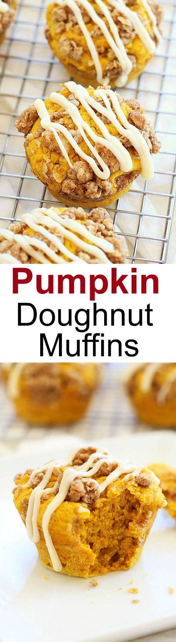 Pumpkin Doughnut Muffins – amazing muffins topped with cream cheese icing over a sweetened crumble. Easy recipe and fail-proof recipe! | rasamalaysia.com