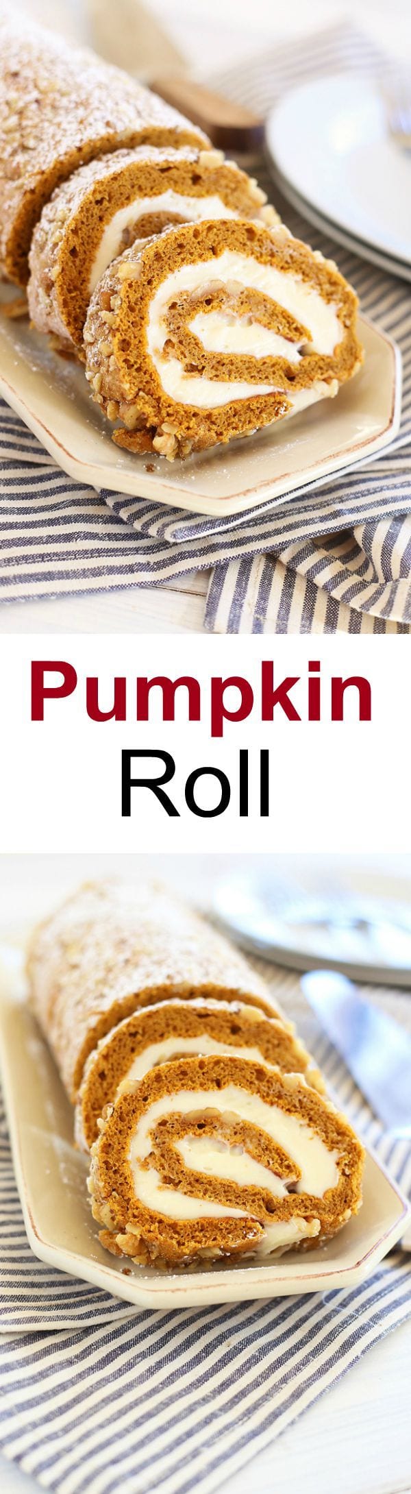 Pumpkin Roll – topped with walnuts with sweet cream cheese filling. This is the best and easiest pumpkin roll recipe ever, so decadent! | rasamalaysia.com