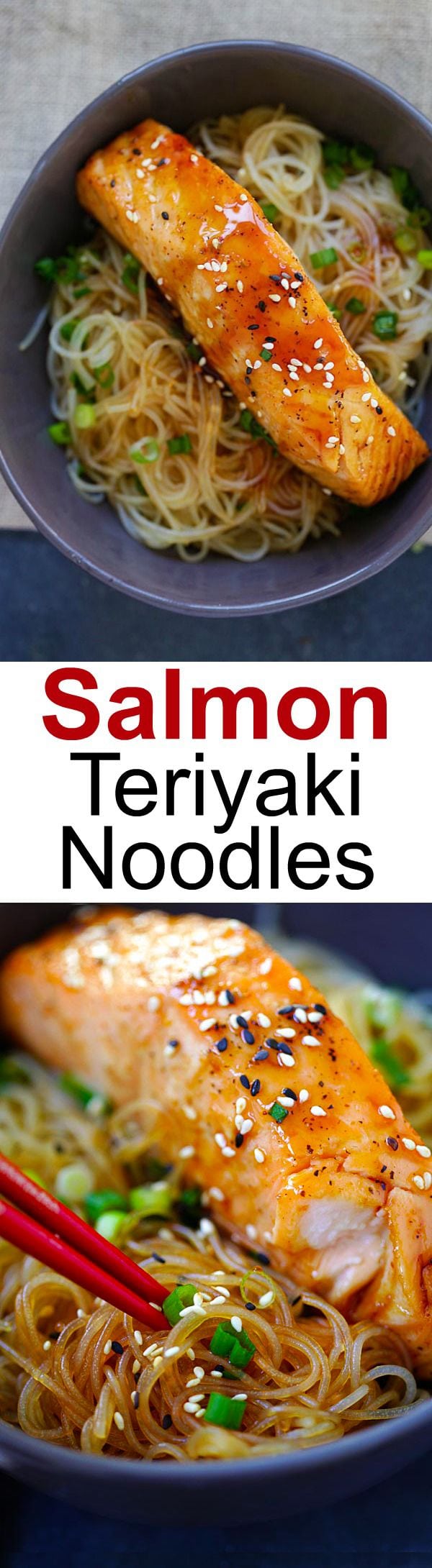 Salmon Teriyaki Noodles – moist and juicy salmon and rice noodles made with San-J Tamari. Gluten-free, healthy family weeknight dinner | rasamalaysia.com