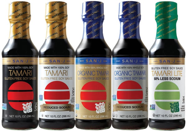 San-J Tamari sauces in bottles.