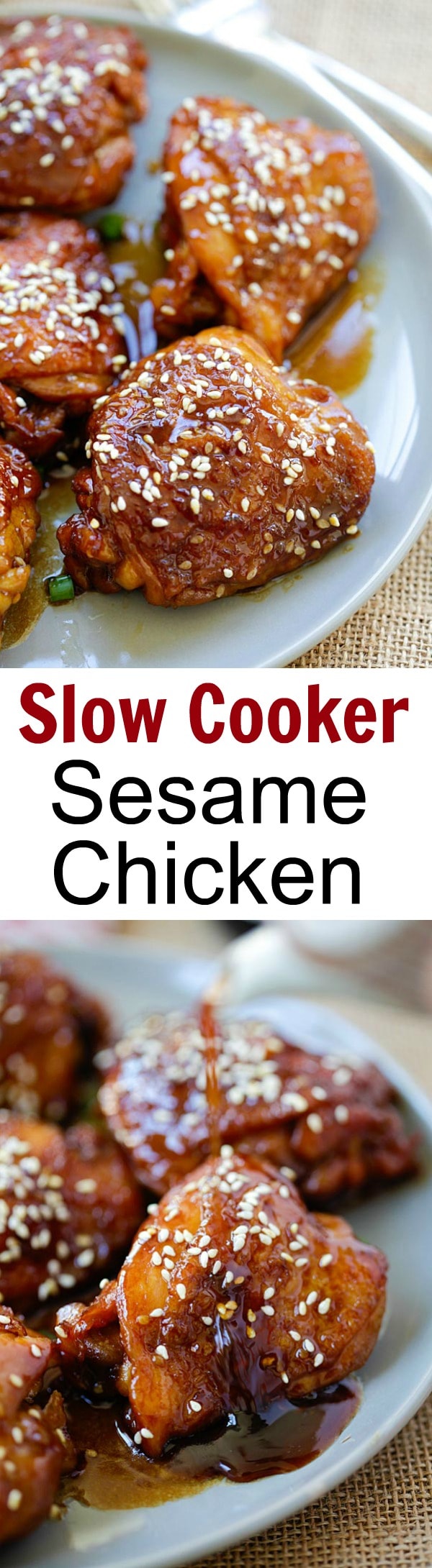 Slow Cooker Sesame Chicken – amazing chicken made with San-J Tamari and sesame sauce. Gluten-free and hearty meal for the family | rasamalaysia.com