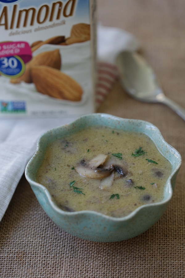 Healthy homemade gluten-free and dairy-free creamy wild mushroom soup in a bowl, ready to serve.