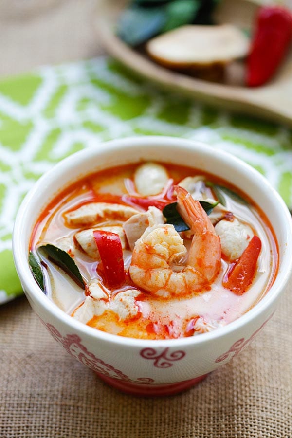 Easy and quick authentic Thai Coconut Chicken and Shrimp Soup in a bowl.