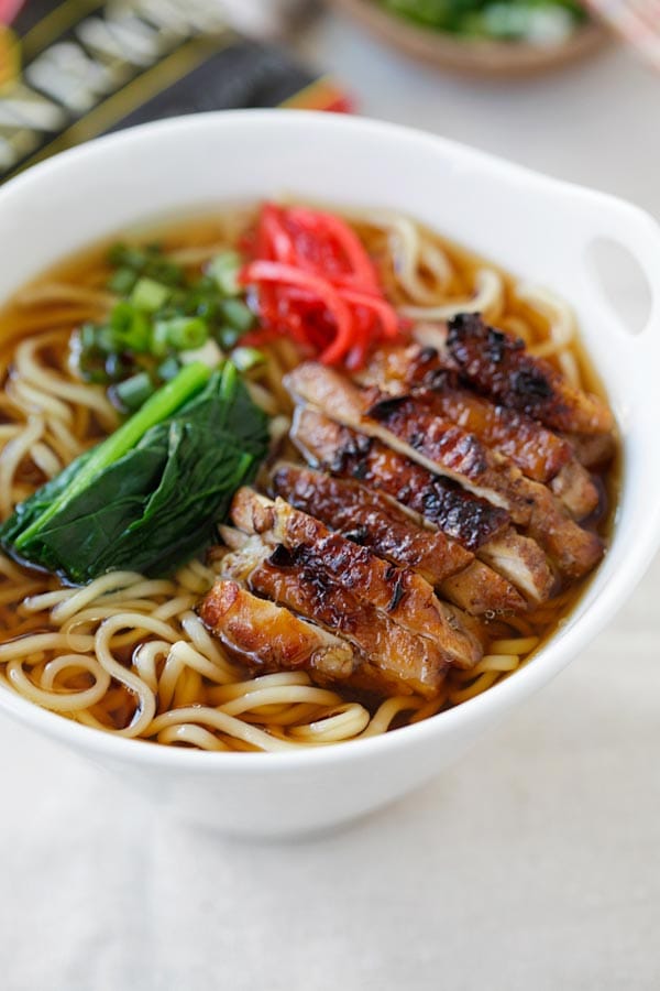 Close up quick and easy Lemongrass Chicken Soy Sauce Ramen in a bowl, ready to serve.