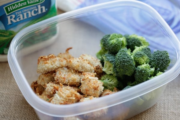 Ranch Chicken Bites in a lunch plastic ware with broccoli.