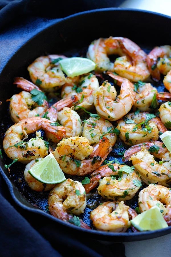 Healthy homemade Cilantro Lime Shrimp in skillet.