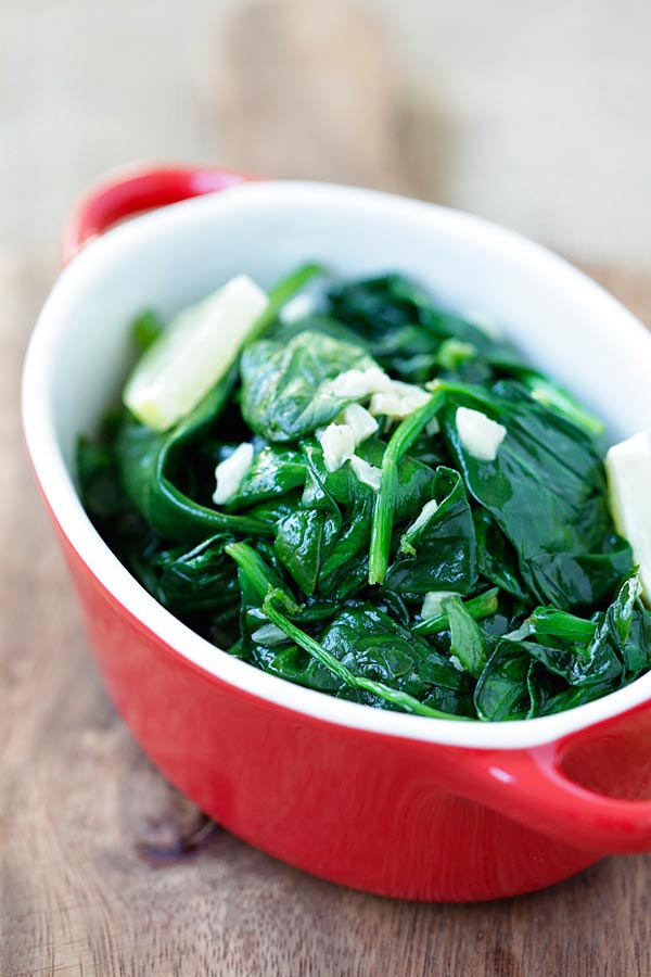 Simple stir fry spinach with garlic and butter.