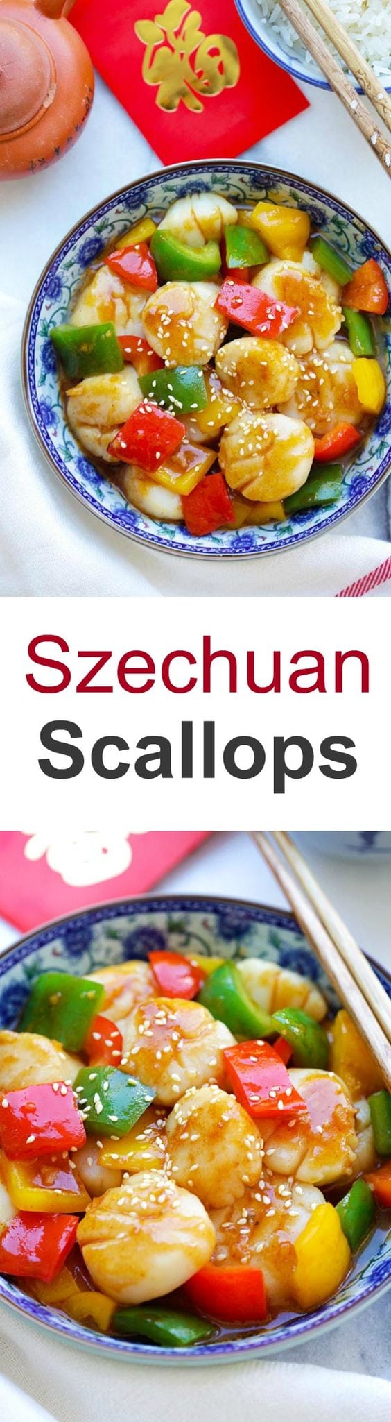 Szechuan Scallops - juicy and succulent scallops stir fry with San-J Szechuan sauce. So good and best served with rice | rasamalaysia.com