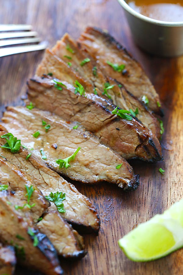 Honey Sriracha Flank Steak - Tender and juicy steak marinated with honey sriracha butter. So easy, delicious and the best grilled steak recipe ever | rasamalaysia.com