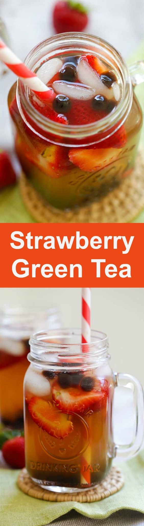 Strawberry Green Tea - healthy and refreshing green tea with strawberry and tapioca pearl boba. Perfect for summer | rasamalaysia.com