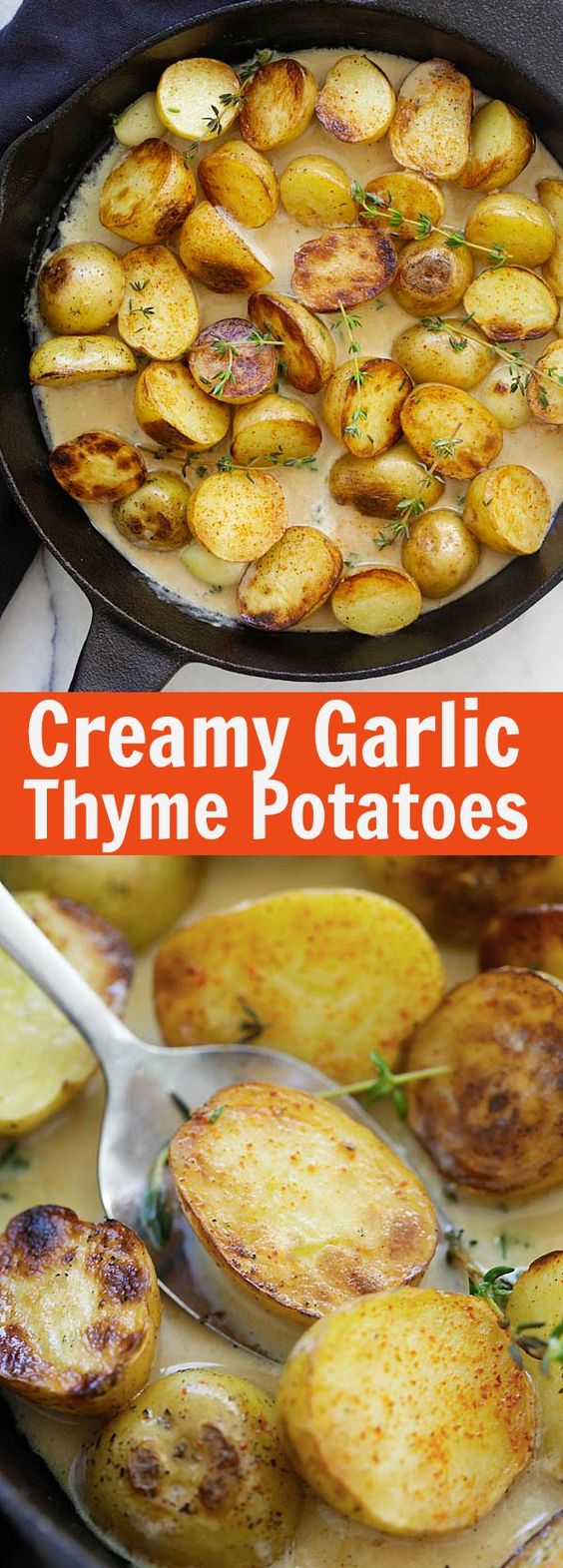 Creamy Garlic Thyme Potatoes – the best and easiest potatoes with garlic thyme in buttery and creamy sauce. A perfect side dish | rasamalaysia.com