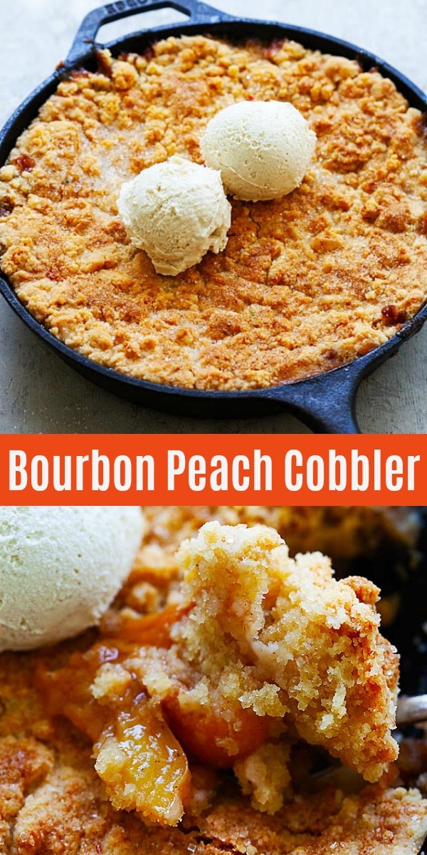 Peach Cobbler - filled with bourbon peach and topped with buttery and crumbly pie crust dough. This peach cobbler recipe is so easy and a summertime staple!