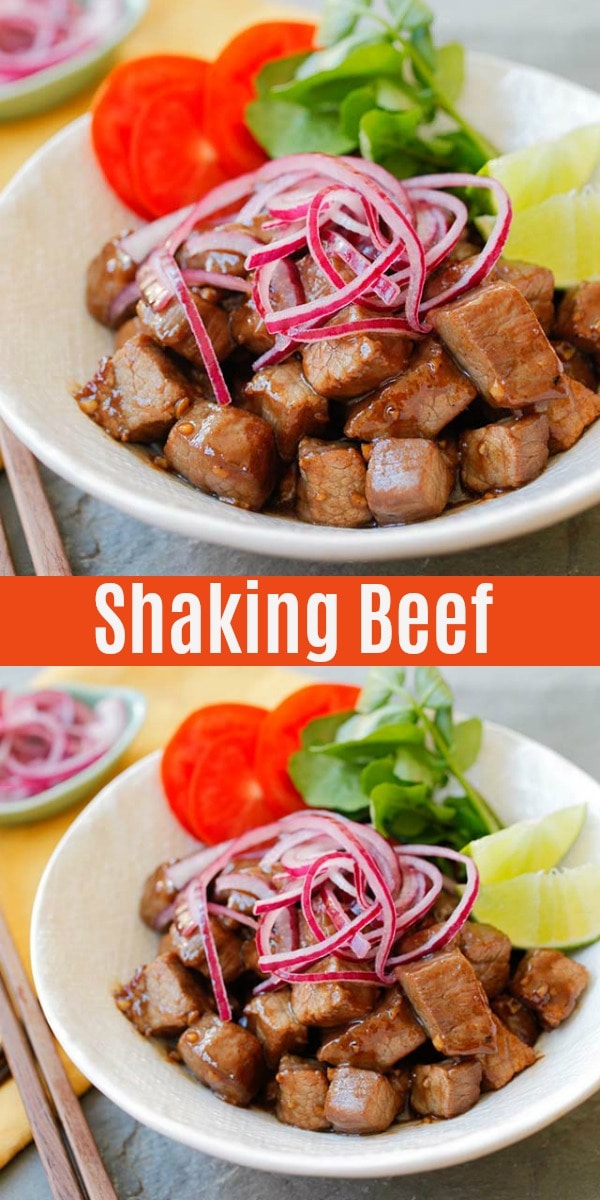 Shaking beef is a Vietnamese  recipe with tender beef with savory sauce. This easy shaking beef recipe (bo luc lac) takes 10 mins to make and tastes so good!