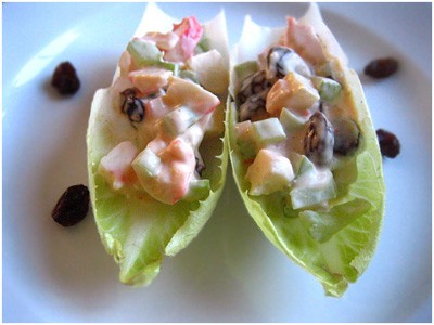 Artificial Crab Meat, and Raisins: this eye candy mini French endive with celery mayonnaise, artificial crab meat, and raisins are hassle free to prepare and you can make over a dozen of them in a jiffy. | rasamalaysia.com