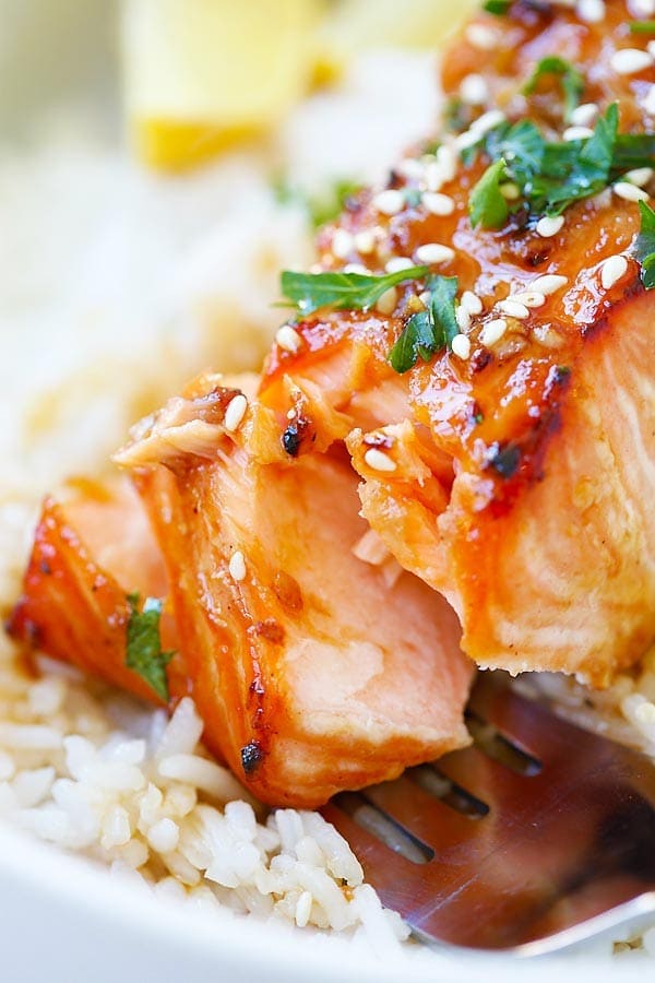 Ginger Garlic Baked Salmon marinade cut open with a fork.