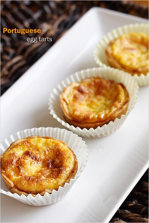 Portuguese egg tarts featuring delicious shells and egg mixture toasted to perfection