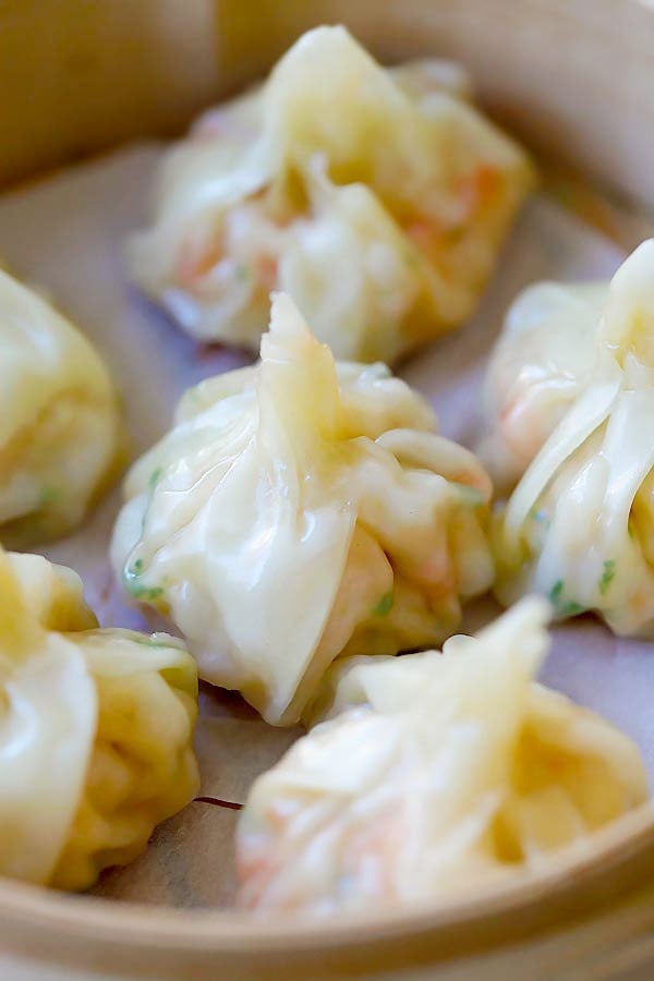 Fecha de deliciosos wontons de camarão, receita super fácil.