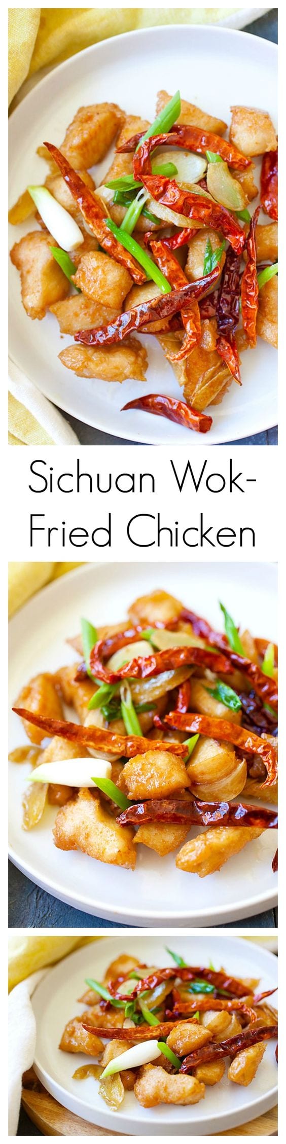 Sichuan wok-fried chicken is a spicy fried chicken dish with ginger, scallion, dried red chilies & Sichuan peppercorn. Amazing and you'll want more. | rasamalaysia.com