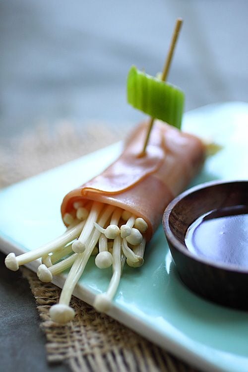 Inspired by Japanese yakitori, these grilled Enoki mushrooms are light, juicy, and appetizing—thanks to store-bought smoked chicken breast deli slices and the nice presentation. | rasamalaysia.com