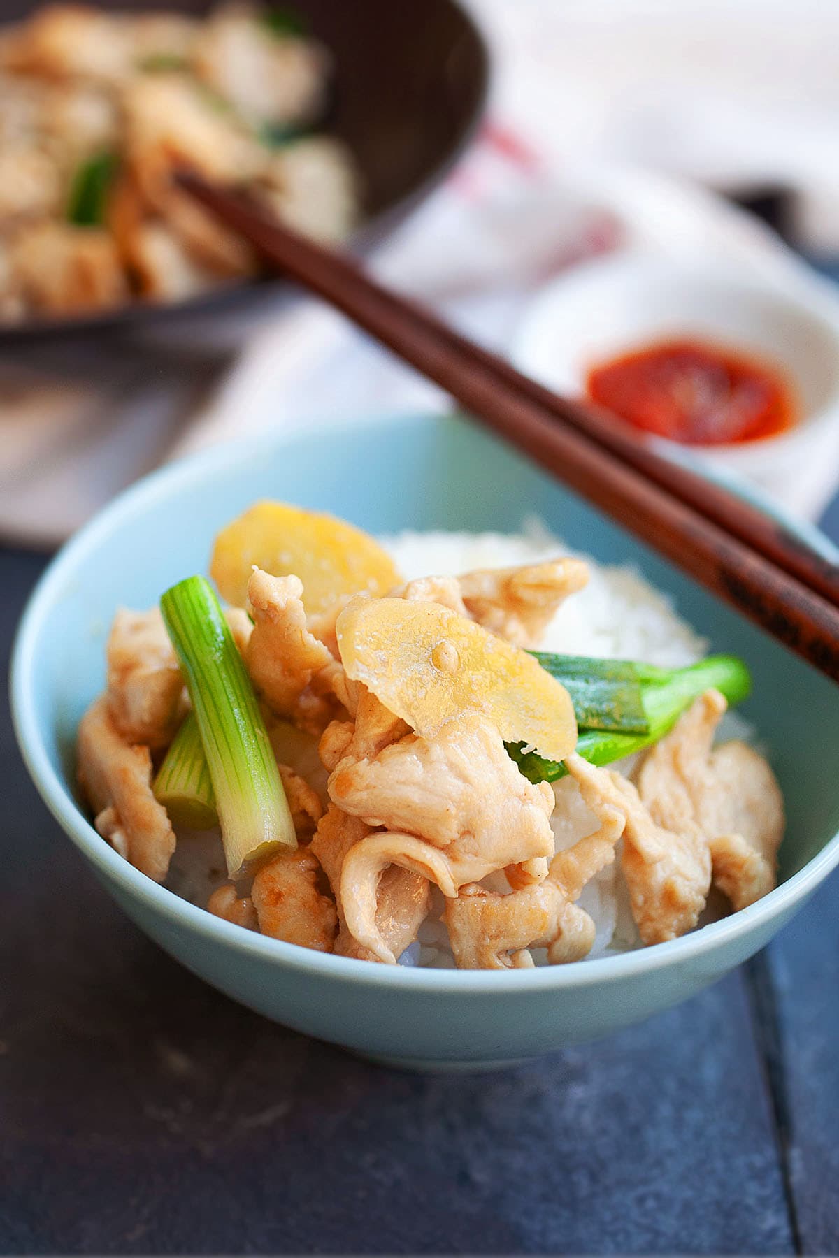 Chinese ginger scallion chicken made with ginger slices, scallions and chicken breast. 