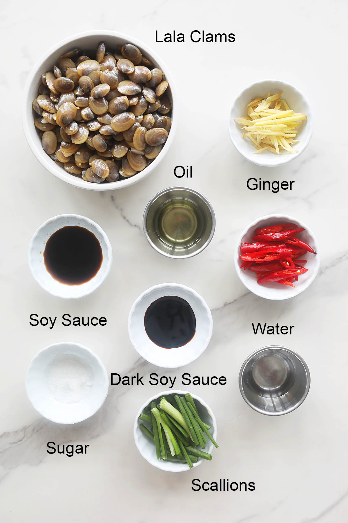 Soy sauce lala clams ingredients. 