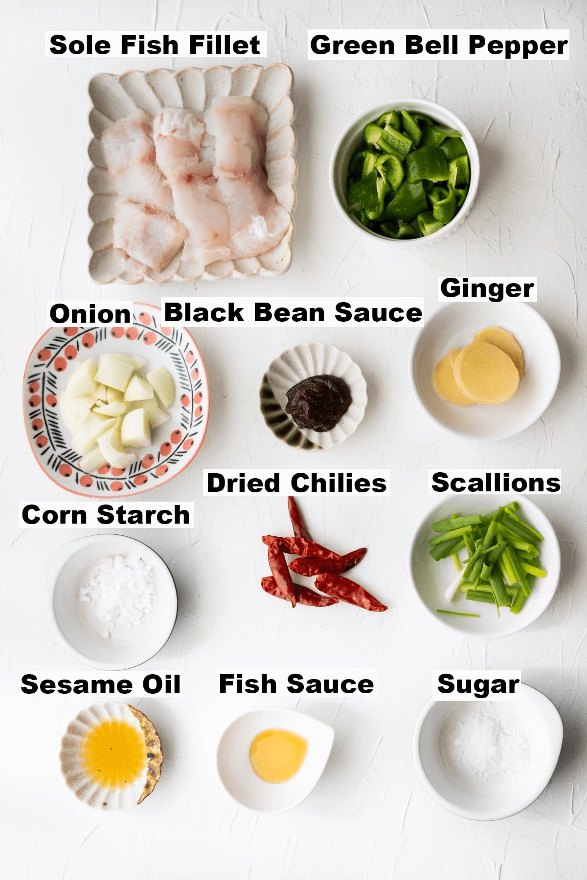 Recipe ingredients for stir-fried fish fillet with black bean sauce. 