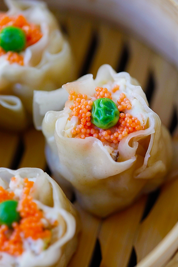 Homemade Shumai on a serving tray.