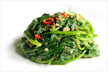 Belacan Yam Leaf (Sweet Potato Leaf) recipe - A signature Malaysian dish called kangkung belacan or stir-fried water spinach/morning glory with shrimp paste. The key ingredient is none other than belacan, the Malaysian variety of shrimp paste. | rasamalaysia.com