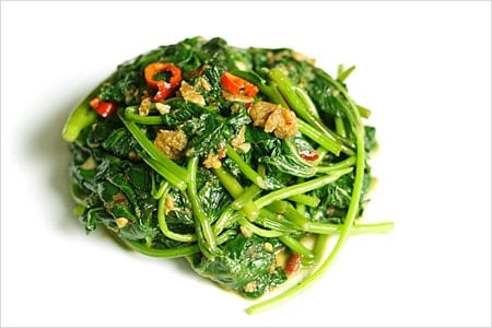 Belacan Yam Leaf (Sweet Potato Leaf) recipe - A signature Malaysian dish called kangkung belacan or stir-fried water spinach/morning glory with shrimp paste. The key ingredient is none other than belacan, the Malaysian variety of shrimp paste. | rasamalaysia.com