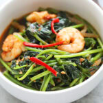 Sweet potato leaves stir fry with sambal and shrimp.