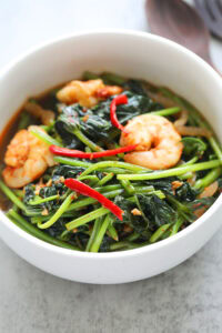 Sweet potato leaves stir fry with sambal and shrimp.