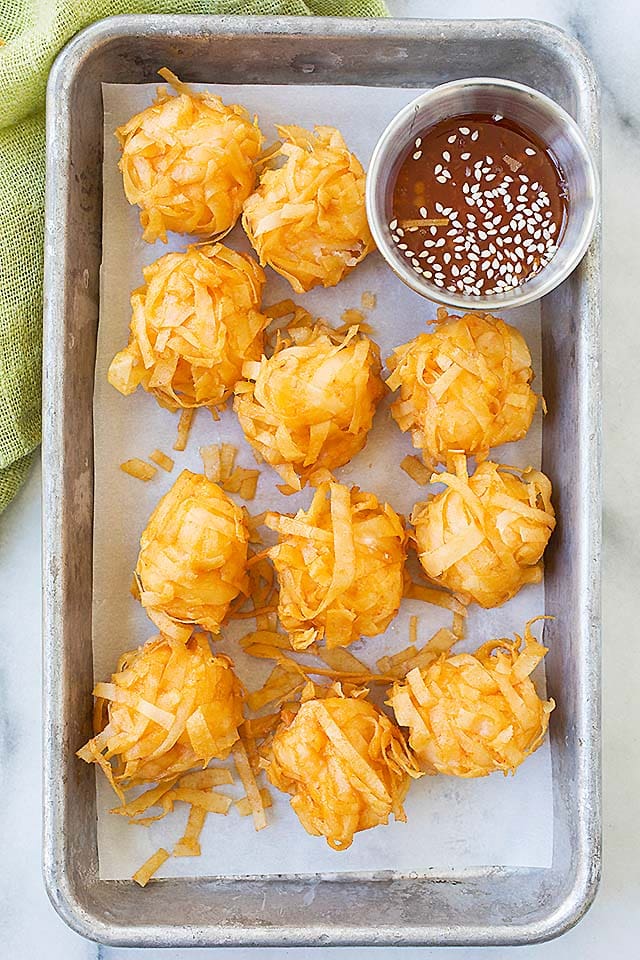 Easy and quick crispy Cantonese fried shrimp balls appetizer in a baking tray.