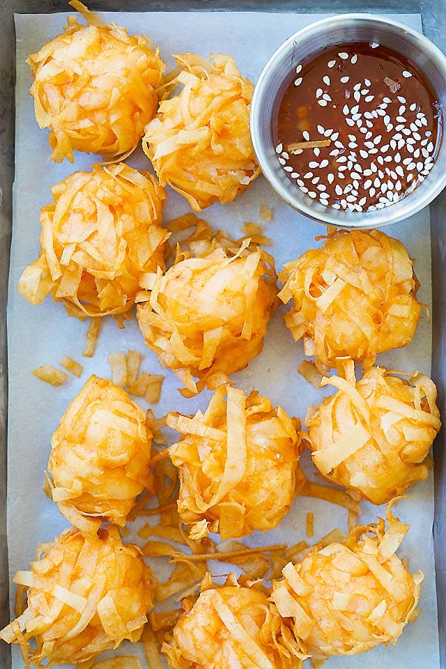 Close up of shrimp balls, deep-fried to golden brown.